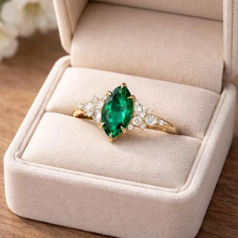 Marquise Cut Green Emerald Engagement Ring for Women 14K Yellow Gold Vintage Gemstone Ring with White Diamond Accents Nature Inspired Bridal Promise Jewelry Gift in Saudi Arabia
