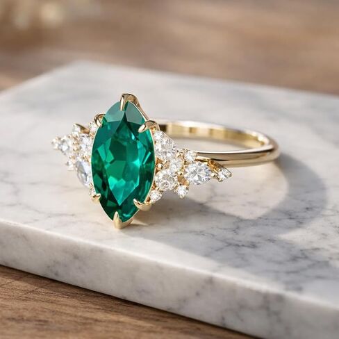 Marquise Cut Green Emerald Engagement Ring for Women 14K Yellow Gold Vintage Gemstone Ring with White Diamond Accents Nature Inspired Bridal Promise Jewelry Gift in Saudi Arabia