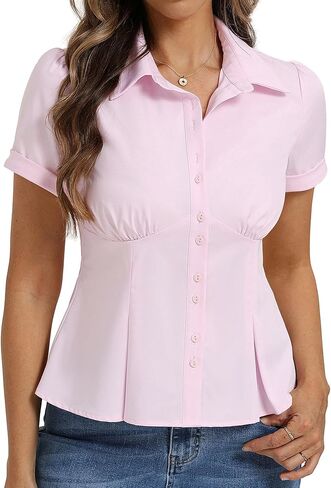 Belle Poque Womens Short Sleeve Button Down Shirts Work Tops Blouses for Women Dressy Casual in Saudi Arabia