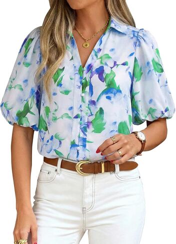 BTFBM Womens Tops Summer Button Down Shirts Casual Short Sleeve V Neck Floral Boho Business Blouses Vacation Outfits in Saudi Arabia