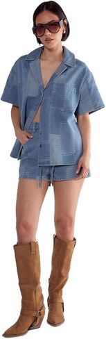 Nasty Gal Women's Denim Patchwork Contrast Stitch Resort Shirt in Saudi Arabia