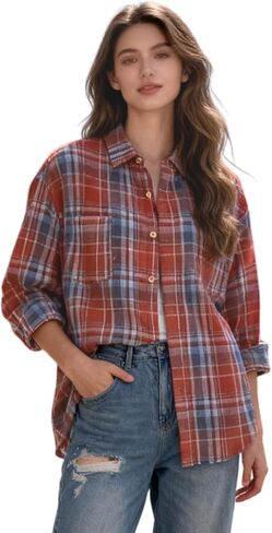 قميص نسائي فضفاض منقوش بأزرار سفلية كاجوال بأكمام طويلة للارتداء اليومي، جزء علوي ناعم ومريح in Kuwait