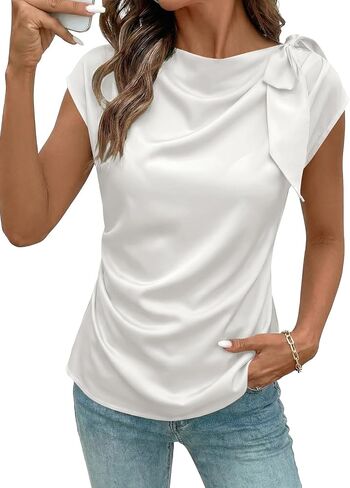 EVALESS Satin Blouses for Women Dressy Casual Trendy Business Work Silk Tops Outfits Cowl Neck Bow Tie Pleated Summer Shirts in Saudi Arabia