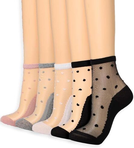 Campsis Women Sheer Socks Polka Dot Sheer Ankle Socks Design See Through Sock(5 Pairs) in Saudi Arabia