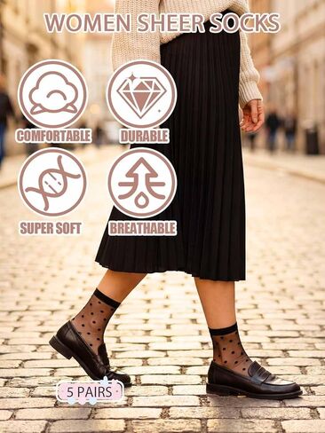 Campsis Women Sheer Socks Polka Dot Sheer Ankle Socks Design See Through Sock(5 Pairs) in Saudi Arabia