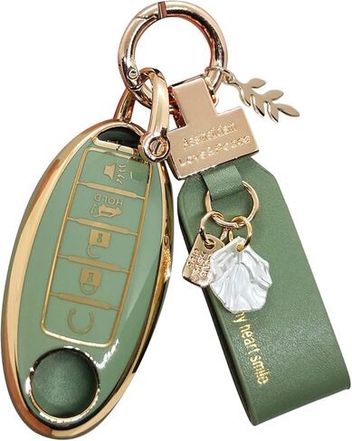 مناسب لغطاء Nissan Key Fob ذو 5 أزرار، حافظة مفاتيح ذكية لـ Altima Rogue Murano Pathfinder، أغطية مفاتيح مع سلسلة مفاتيح، ملحقات السيارة بلينغ (RC5 أخضر) in Kuwait