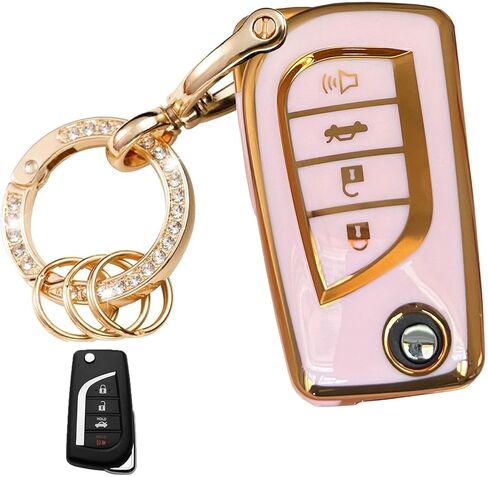 Key Fob Cover for Toyota Fortuner Tundra Camry RAV4 Challenger Replacement for Keyless Entry Remote Key Shell with Keychain (4-Button-Gold-Pink) in Kuwait