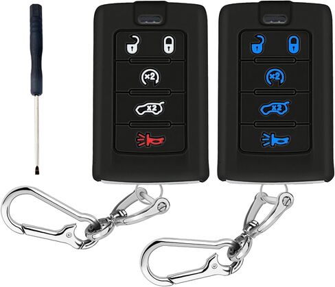 QBUC قطعتان لغطاء مفتاح Jeep Fob، حافظة مفاتيح من السيليكون مع سلسلة مفاتيح متوافقة مع Jeep Grand Cherokee L Grand Wagoneer L Wagoneer Grand Cherokee L 2021-2025،5 أزرار (أسود + وردي) in Kuwait
