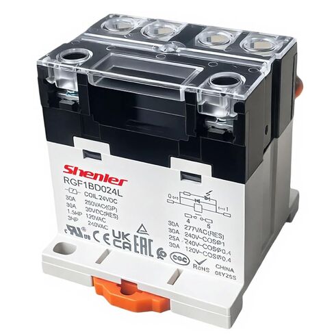 متوافق مع Shenler RGF1BD024L DIN-Rail Power Relay، 30A 277VAC/30VDC 1NO، ملف تيار مستمر 24 فولت، مؤشر LED، حامل TS35 طرفي لولبي، تحكم صناعي لضاغط HVAC، منفاخ، مضخة، محرك in Saudi Arabia