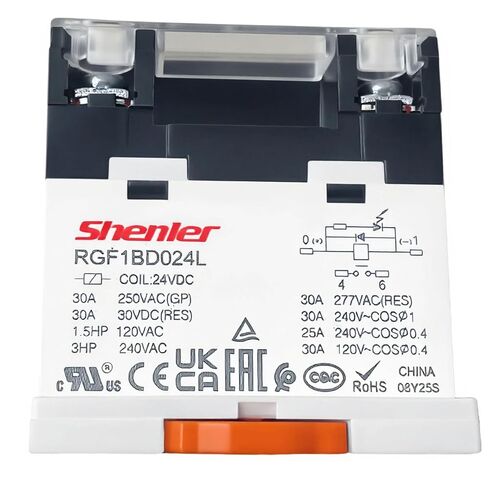 متوافق مع Shenler RGF1BD024L DIN-Rail Power Relay، 30A 277VAC/30VDC 1NO، ملف تيار مستمر 24 فولت، مؤشر LED، حامل TS35 طرفي لولبي، تحكم صناعي لضاغط HVAC، منفاخ، مضخة، محرك in Saudi Arabia