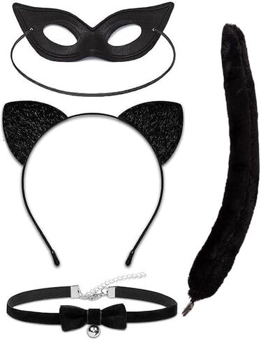 Cat Costume Cat Ear Necklace and Short VersionTail with Black Mask for Girls Women Cosplay Costome for Halloween in Saudi Arabia
