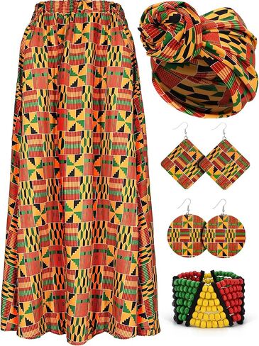 5 Pcs African Dress Head Wrap Set Black History Skirt Bracelet Kente Print Earring African Attire for Women Outfits in Kuwait