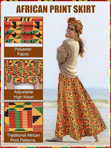5 Pcs African Dress Head Wrap Set Black History Skirt Bracelet Kente Print Earring African Attire for Women Outfits in Kuwait