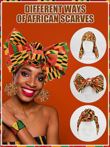5 Pcs African Dress Head Wrap Set Black History Skirt Bracelet Kente Print Earring African Attire for Women Outfits in Kuwait