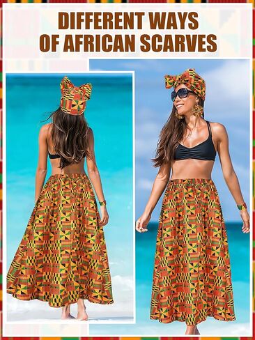 5 Pcs African Dress Head Wrap Set Black History Skirt Bracelet Kente Print Earring African Attire for Women Outfits in Kuwait