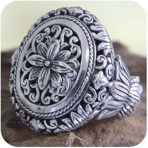925 Sterling Silver Cross and Iris Flower Ring - Hip-Hop Vintage Distressed Design, Unique Lotus Flower Women's Jewelry Size 9 in Saudi Arabia