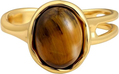 14K Gold Plated Tiger Eye Open Ring Vintage Adjustable Rings for Women Brown Jewelry in Kuwait