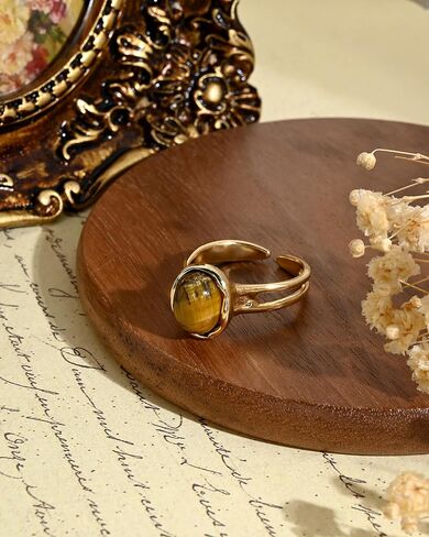 14K Gold Plated Tiger Eye Open Ring Vintage Adjustable Rings for Women Brown Jewelry in Kuwait