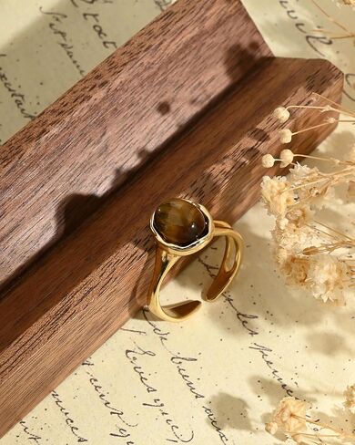 14K Gold Plated Tiger Eye Open Ring Vintage Adjustable Rings for Women Brown Jewelry in Kuwait