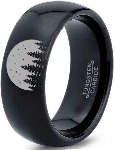 Night Skyline Outdoor Camping Ring - Tungsten Band 8mm - Men - Women - 18k Rose Gold Step Bevel Edge - Yellow - Grey - Blue - Black - Brushed - Polished - Wedding - Gift Dome Flat Cut in Saudi Arabia