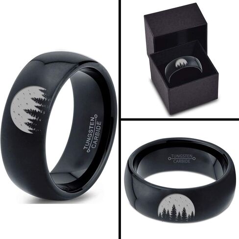 Night Skyline Outdoor Camping Ring - Tungsten Band 8mm - Men - Women - 18k Rose Gold Step Bevel Edge - Yellow - Grey - Blue - Black - Brushed - Polished - Wedding - Gift Dome Flat Cut in Saudi Arabia