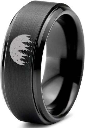 Night Skyline Outdoor Camping Ring - Tungsten Band 8mm - Men - Women - 18k Rose Gold Step Bevel Edge - Yellow - Grey - Blue - Black - Brushed - Polished - Wedding - Gift Dome Flat Cut in Saudi Arabia