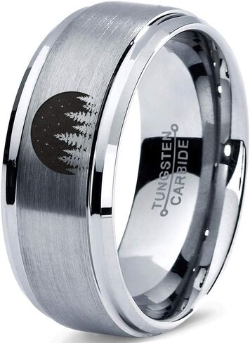Night Skyline Outdoor Camping Ring - Tungsten Band 8mm - Men - Women - 18k Rose Gold Step Bevel Edge - Yellow - Grey - Blue - Black - Brushed - Polished - Wedding - Gift Dome Flat Cut in Saudi Arabia