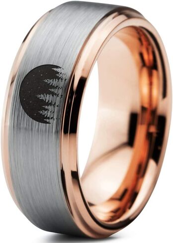 Night Skyline Outdoor Camping Ring - Tungsten Band 8mm - Men - Women - 18k Rose Gold Step Bevel Edge - Yellow - Grey - Blue - Black - Brushed - Polished - Wedding - Gift Dome Flat Cut in Saudi Arabia