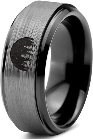 Night Skyline Outdoor Camping Ring - Tungsten Band 8mm - Men - Women - 18k Rose Gold Step Bevel Edge - Yellow - Grey - Blue - Black - Brushed - Polished - Wedding - Gift Dome Flat Cut in Saudi Arabia