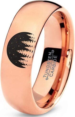 Night Skyline Outdoor Camping Ring - Tungsten Band 8mm - Men - Women - 18k Rose Gold Step Bevel Edge - Yellow - Grey - Blue - Black - Brushed - Polished - Wedding - Gift Dome Flat Cut in Saudi Arabia