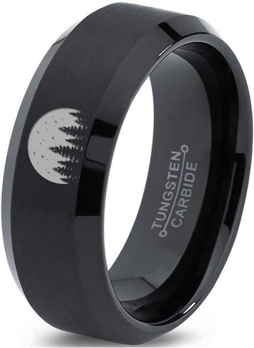 Night Skyline Outdoor Camping Ring - Tungsten Band 8mm - Men - Women - 18k Rose Gold Step Bevel Edge - Yellow - Grey - Blue - Black - Brushed - Polished - Wedding - Gift Dome Flat Cut in Saudi Arabia