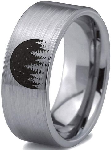 Night Skyline Outdoor Camping Ring - Tungsten Band 8mm - Men - Women - 18k Rose Gold Step Bevel Edge - Yellow - Grey - Blue - Black - Brushed - Polished - Wedding - Gift Dome Flat Cut in Saudi Arabia