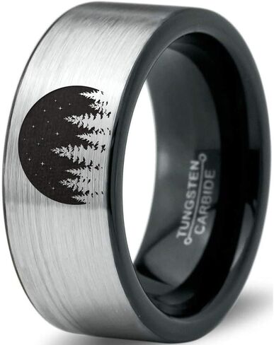 Night Skyline Outdoor Camping Ring - Tungsten Band 8mm - Men - Women - 18k Rose Gold Step Bevel Edge - Yellow - Grey - Blue - Black - Brushed - Polished - Wedding - Gift Dome Flat Cut in Saudi Arabia