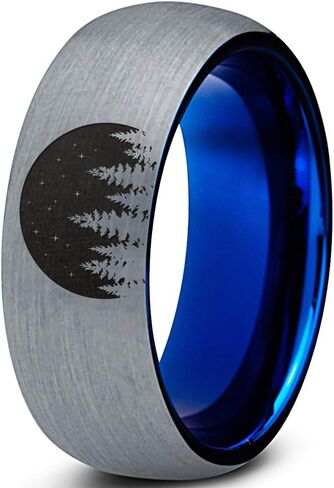 Night Skyline Outdoor Camping Ring - Tungsten Band 8mm - Men - Women - 18k Rose Gold Step Bevel Edge - Yellow - Grey - Blue - Black - Brushed - Polished - Wedding - Gift Dome Flat Cut in Saudi Arabia