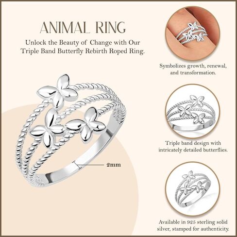 .925 Sterling Silver Triple Band Butterfly Rebirth Roped Ring with Multiple Ring Size in Saudi Arabia