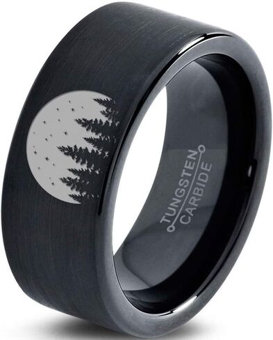 Night Skyline Outdoor Camping Ring - Tungsten Band 8mm - Men - Women - 18k Rose Gold Step Bevel Edge - Yellow - Grey - Blue - Black - Brushed - Polished - Wedding - Gift Dome Flat Cut in Saudi Arabia