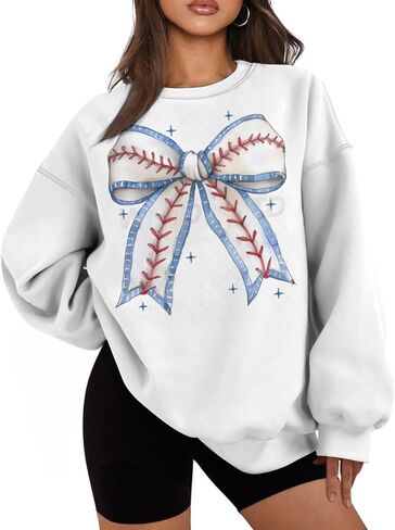 Bow Baseball Print Funny Graphic Oversized Sweatshirts for Women Game Day Tops 2025 in Saudi Arabia