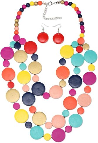 Colorful Long Wood Bead Pendant Necklace Earrings Set for Women Ethnic Multi Layers Statement Big Vintage Bib Female Chunky African Bohemian Rainbow Jewelry Set in Kuwait