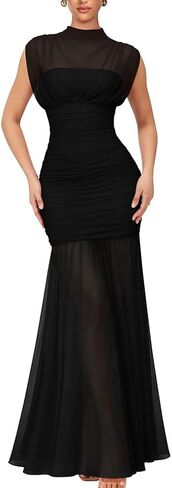 LAGSHIAN Women's Elegant Formal Long Dress Sleeveless Mesh High Neck Ruched Cocktail Party Maxi Dress in Saudi Arabia