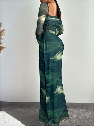 SOLY HUX Women's Tie Dye Mesh Maxi Dress Asymmetrical Neck Long Sleeve Ruched Bodycon Cocktail Party Long Dresses in Saudi Arabia