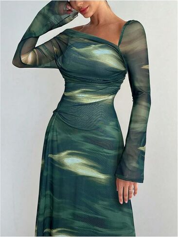 SOLY HUX Women's Tie Dye Mesh Maxi Dress Asymmetrical Neck Long Sleeve Ruched Bodycon Cocktail Party Long Dresses in Saudi Arabia