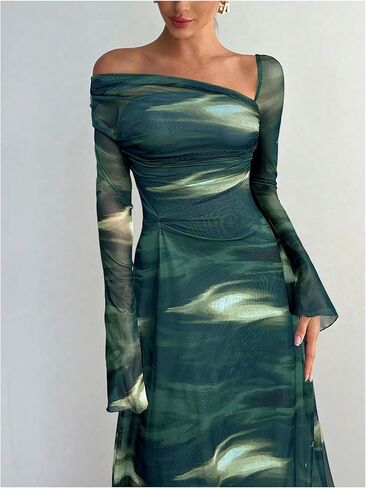 SOLY HUX Women's Tie Dye Mesh Maxi Dress Asymmetrical Neck Long Sleeve Ruched Bodycon Cocktail Party Long Dresses in Saudi Arabia