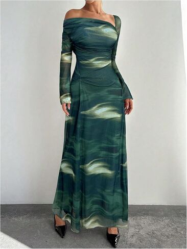 SOLY HUX Women's Tie Dye Mesh Maxi Dress Asymmetrical Neck Long Sleeve Ruched Bodycon Cocktail Party Long Dresses in Saudi Arabia