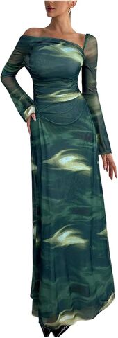 SOLY HUX Women's Tie Dye Mesh Maxi Dress Asymmetrical Neck Long Sleeve Ruched Bodycon Cocktail Party Long Dresses in Saudi Arabia