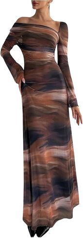 SOLY HUX Women's Tie Dye Mesh Maxi Dress Asymmetrical Neck Long Sleeve Ruched Bodycon Cocktail Party Long Dresses in Saudi Arabia