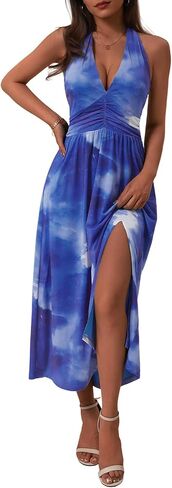 FENSACE Women's Summer Elegant Sleeveless Halter V Neck Mesh Floral Wedding Guest Cocktail Split Midi Dress in Saudi Arabia