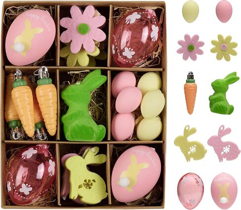 DecorbyHannah Easter Eggs Decorations, 24ct Small Easter Tree Ornaments for Basket, Shatterproof Colorful Pastel Spring Decor with Bunny Rabbit, Carrot and Flower for Home Party Outdoor Garden in Saudi Arabia