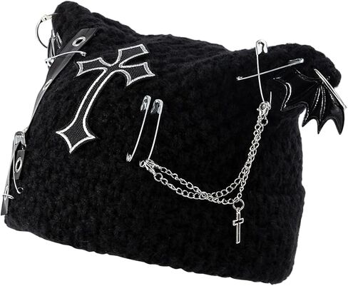 قبعة أذن قطة Y2K Goth Accessories قبعة محبوكة على الطراز القوطي الشرير، قبعات شتوية بديلة للنساء، أساور ناعمة قابلة للتمدد باللون الأسود in Kuwait