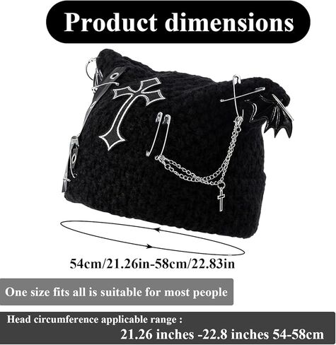 قبعة أذن قطة Y2K Goth Accessories قبعة محبوكة على الطراز القوطي الشرير، قبعات شتوية بديلة للنساء، أساور ناعمة قابلة للتمدد باللون الأسود in Kuwait