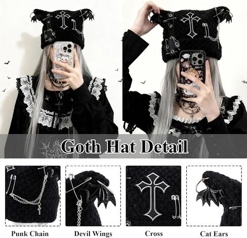 قبعة أذن قطة Y2K Goth Accessories قبعة محبوكة على الطراز القوطي الشرير، قبعات شتوية بديلة للنساء، أساور ناعمة قابلة للتمدد باللون الأسود in Kuwait